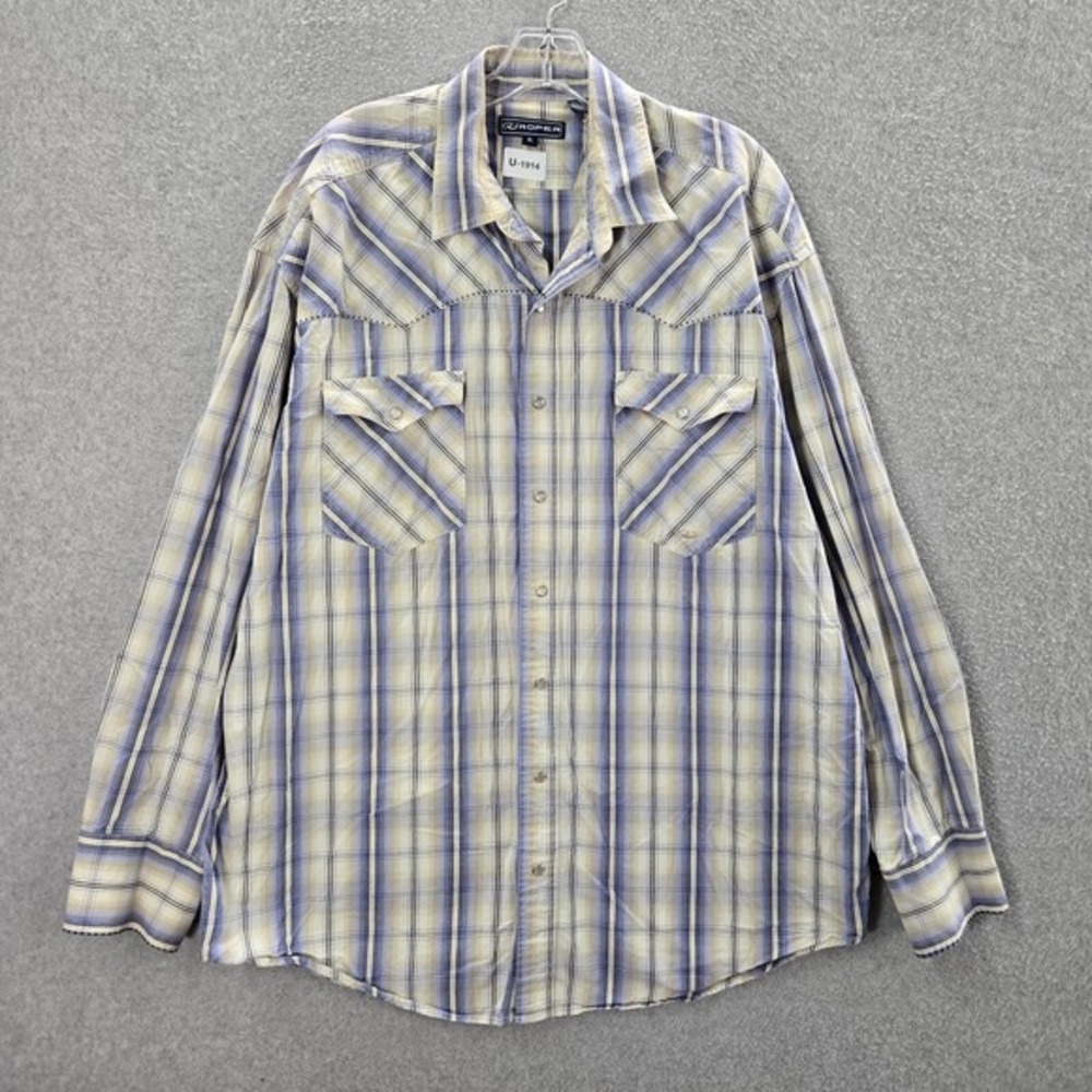 Roper Men Button Up Shirt XL Blue Plaid Western Pearl Snap Pockets Long Sleeve